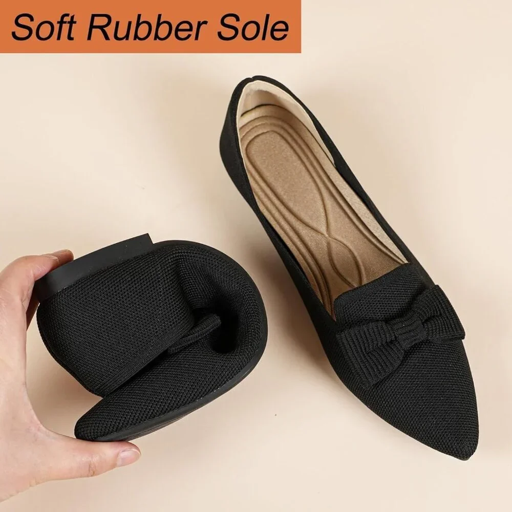 Women Black Pointed Toe Dressy Comfortable Knit Breathable Mesh Ballet Flats